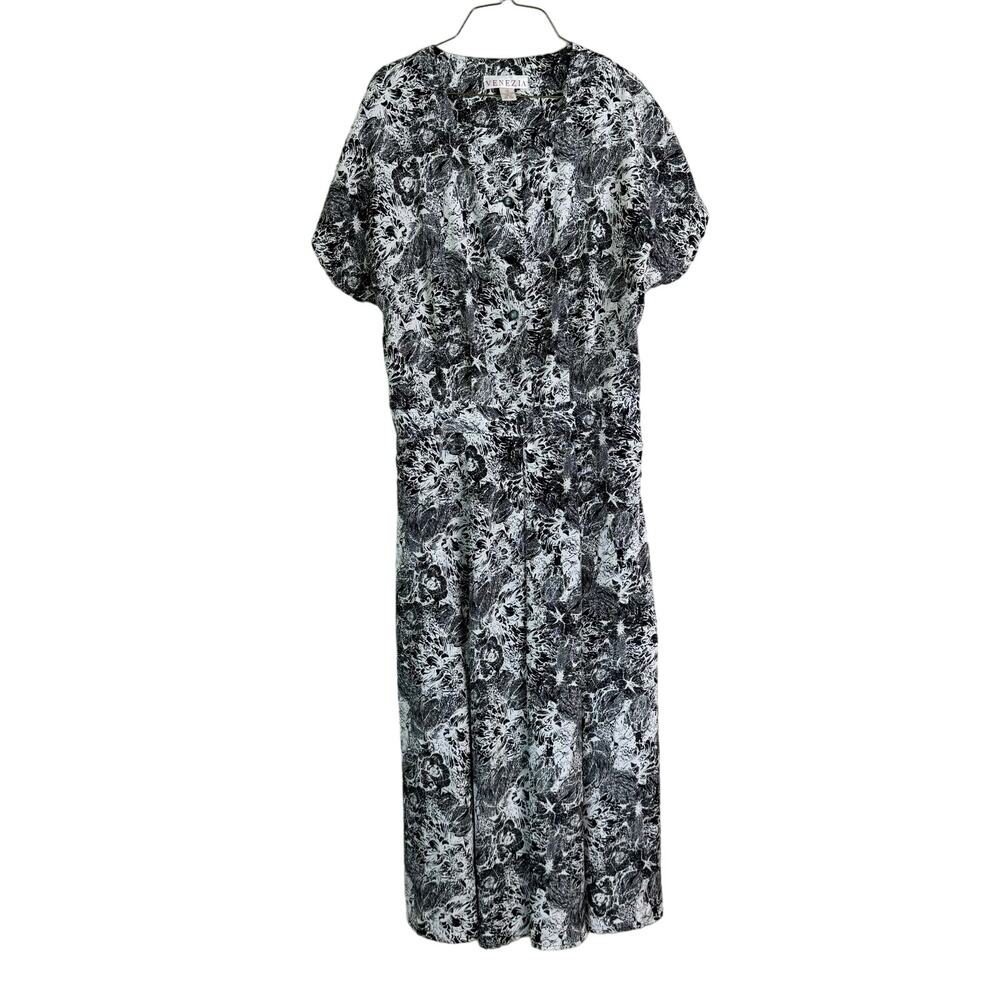 Vintage Venezia PLUS SIZE abstract floral‎ black & white midi dress Size 18